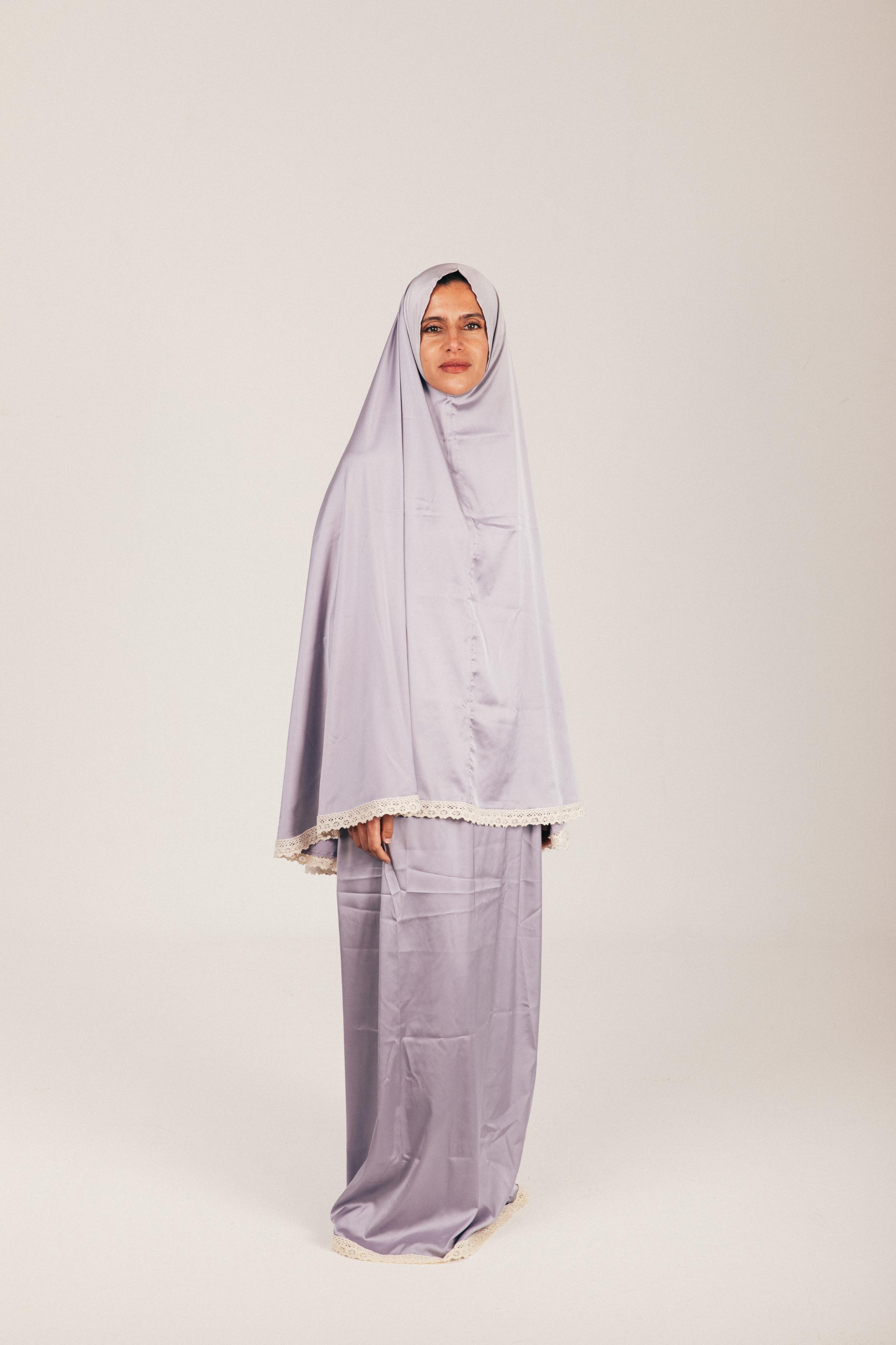 Silver Satin Skirt & Khimar Set