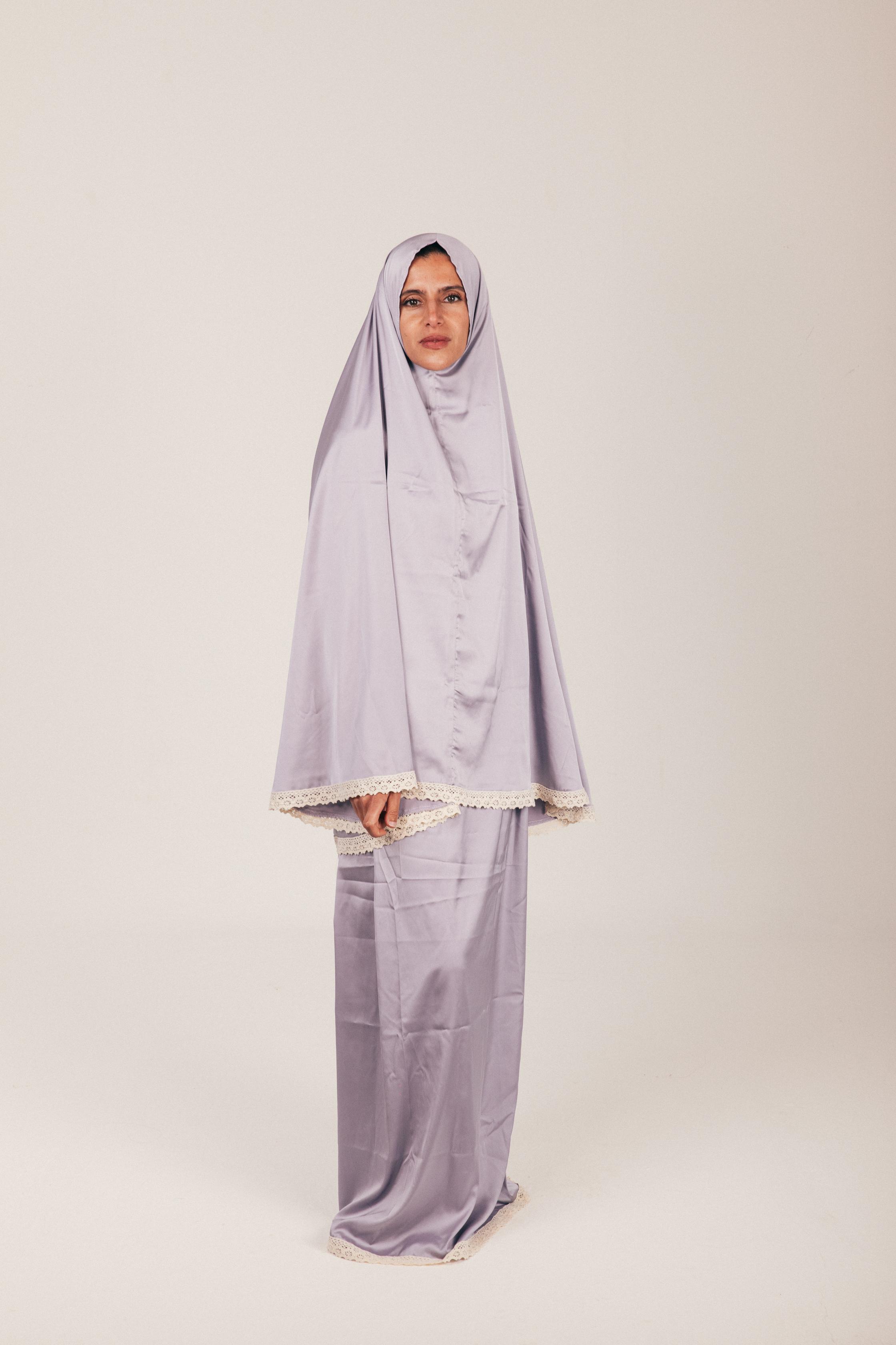 Silver Satin Skirt & Khimar Set