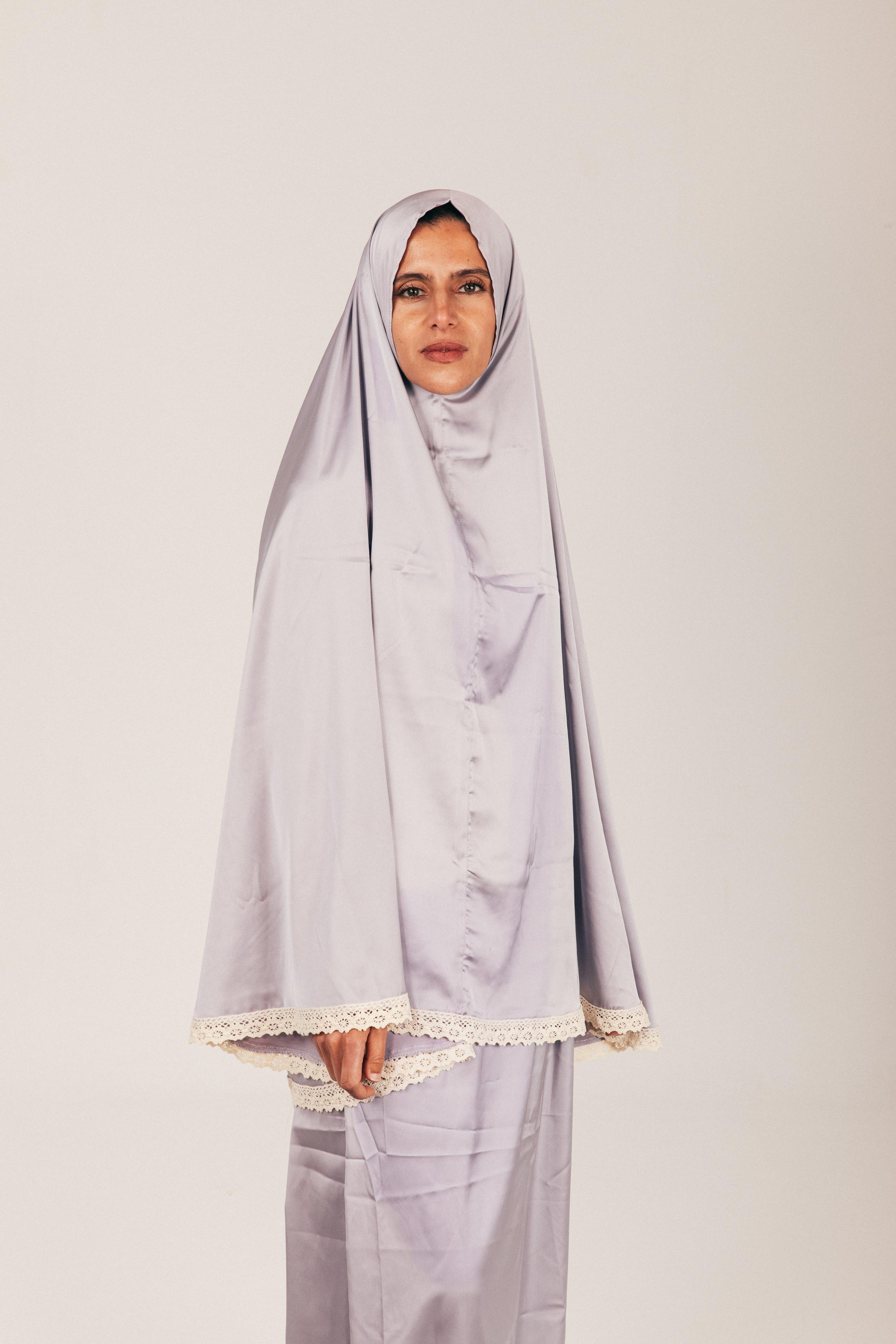 Silver Satin Skirt & Khimar Set