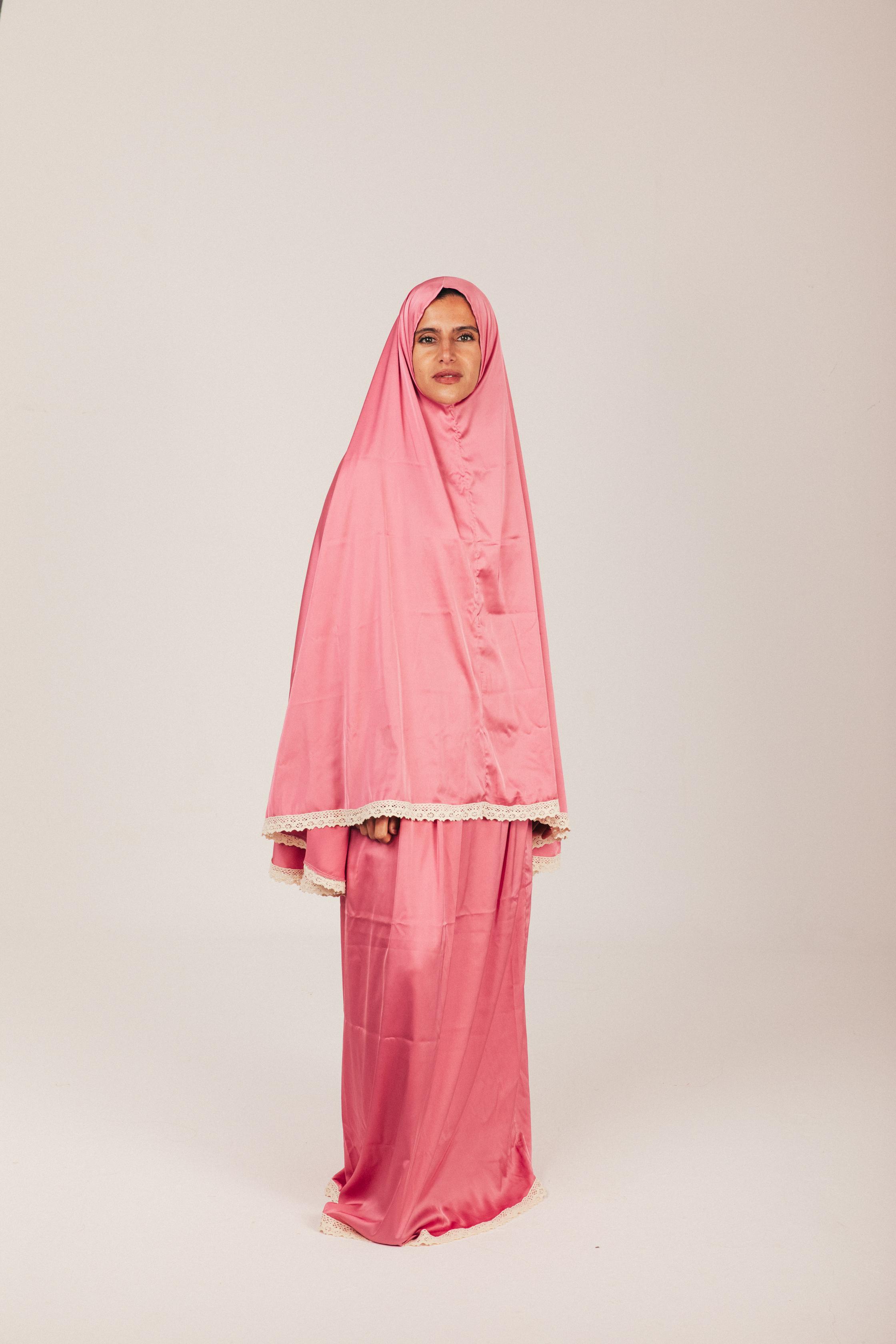 Nude Pink Satin Skirt & Khimar Set