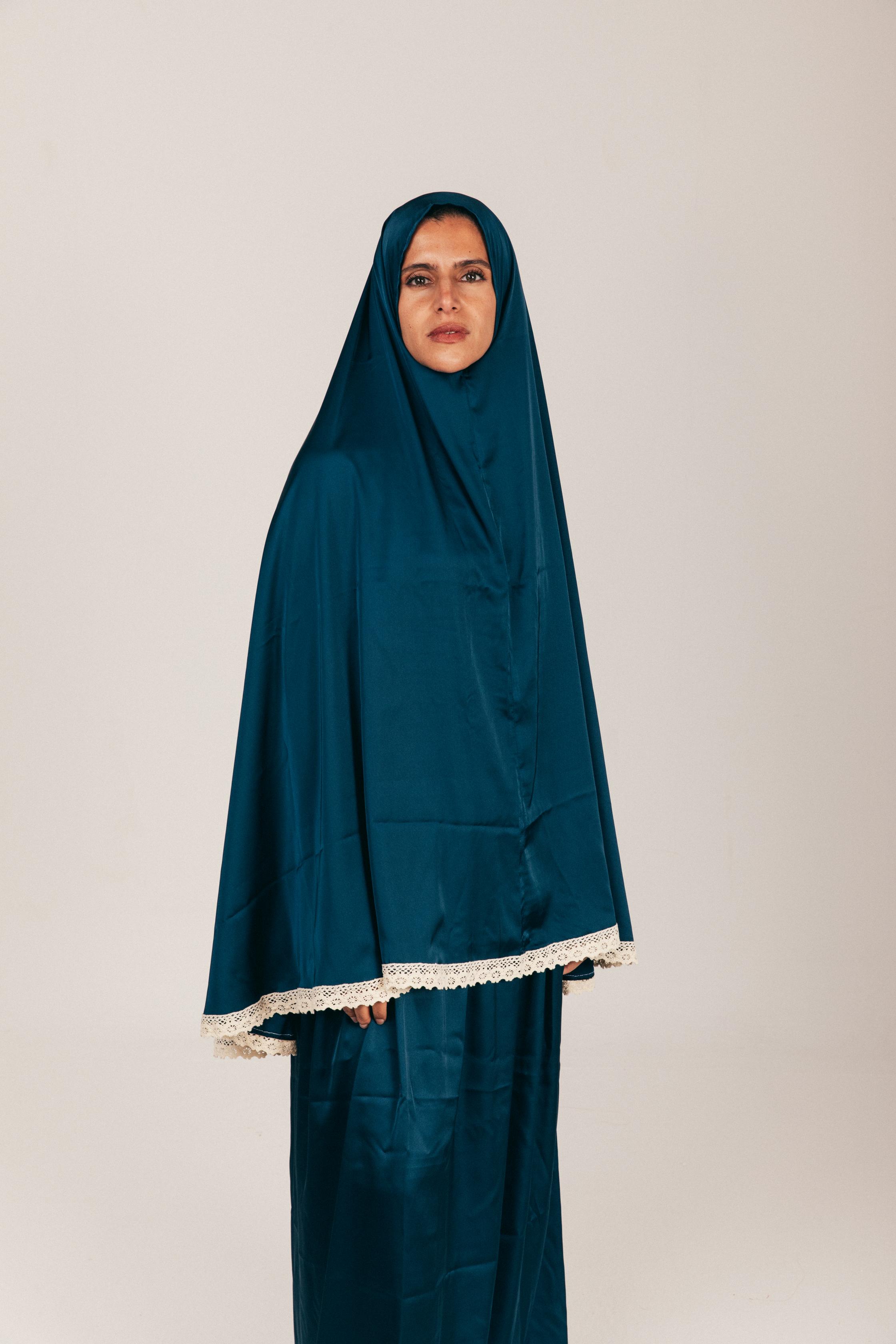 Teal Satin Skirt & Khimar Set